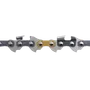 Close-up view of chainsaw chain showing detailed cutting teeth.