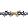 Close-up view of a chainsaw chain with sharp cutting teeth.