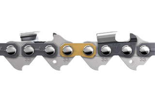 Close-up view of a Husqvarna chainsaw chain showing detailed links and components.