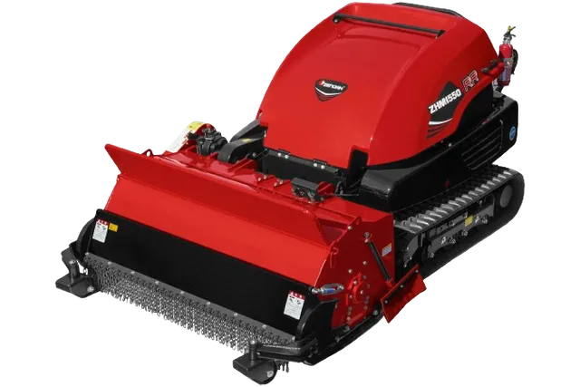 Side view of a heavy-duty tracked mower with cutting blades.