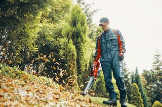 公園で落ち葉を取り除くためにリーフブロワーを使用している人。