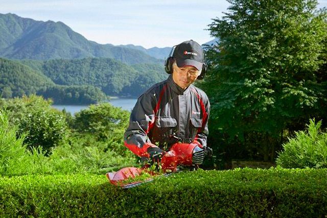風光明媚な庭園の中で生け垣の形をするためにヘッジトリマーを使用している人。