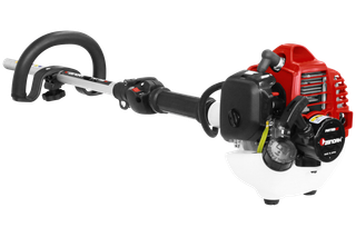 Side view of a petrol-powered garden trimmer with ergonomic handle.
