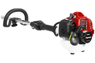 Side view of a petrol-powered garden trimmer with ergonomic handle.