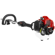 Side view of a petrol-powered garden trimmer with ergonomic handle.