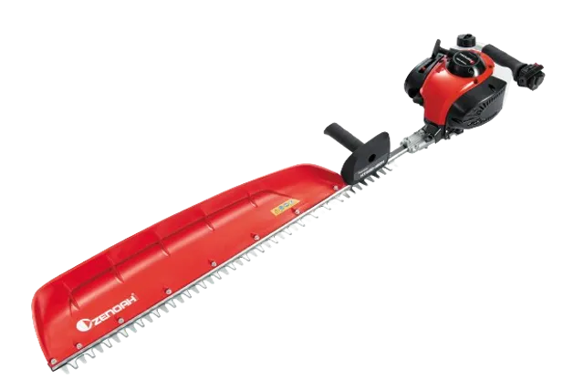 HT220-100H. Side view of a Zenoh hedge trimmer with a protective blade cover.