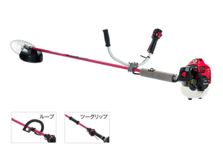 ループハンドルと2グリップハンドルを備えた刈払機の側面図。