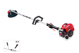 2ハンドルグリップとエンジンを備えた草刈り機の側面図。