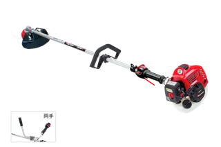 2ハンドルグリップとエンジンを備えた草刈り機の側面図。