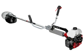BC3410ST-FW-EZ. 円形の刃と人間工学に基づいたハンドルを備えた刈払機の側面図。