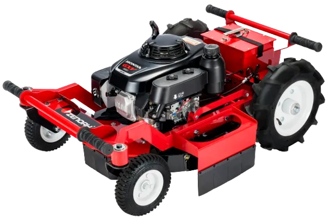 ラジコン草刈機 WM510RC. 大きな後輪と強力なエンジンを備えた手押し式ブラシモアの側面図。